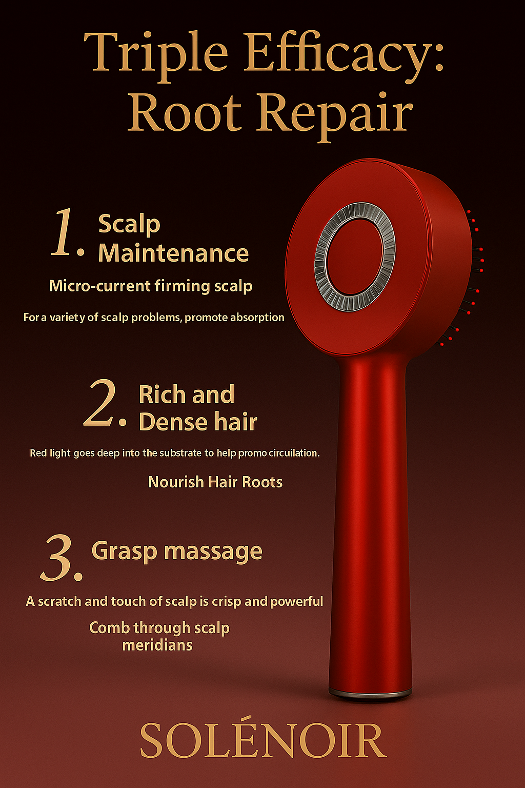 SOLÉNOIR™ Luxury LED Hair Growth Brush – Red Light Scalp Therapy Device