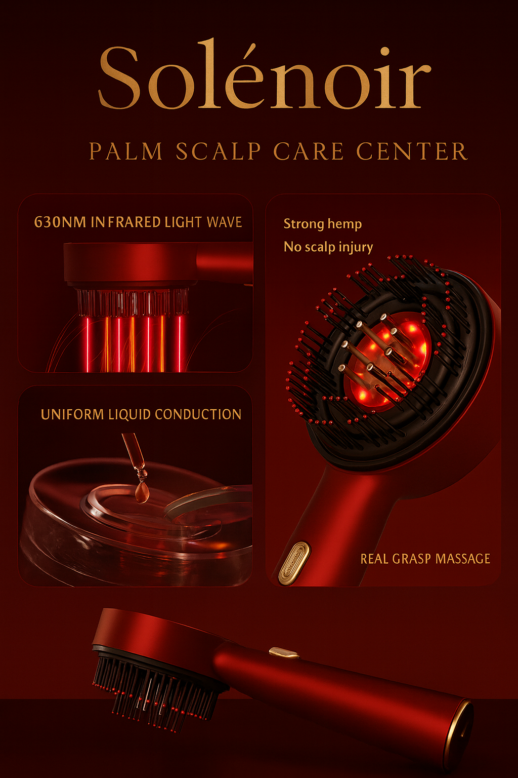 SOLÉNOIR™ Luxury LED Hair Growth Brush – Red Light Scalp Therapy Device
